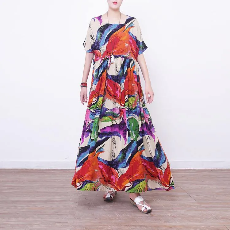 2018 prints linen maxi dress oversize o neck linen maxi dress Elegant short sleeve maxi dresses