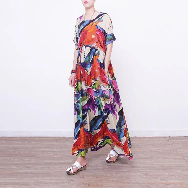 2018 prints linen maxi dress oversize o neck linen maxi dress Elegant short sleeve maxi dresses