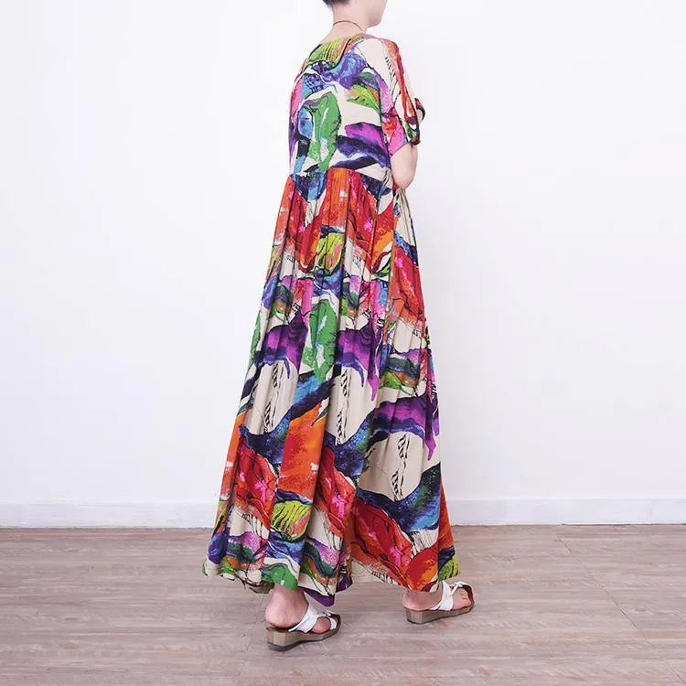 2018 prints linen maxi dress oversize o neck linen maxi dress Elegant short sleeve maxi dresses