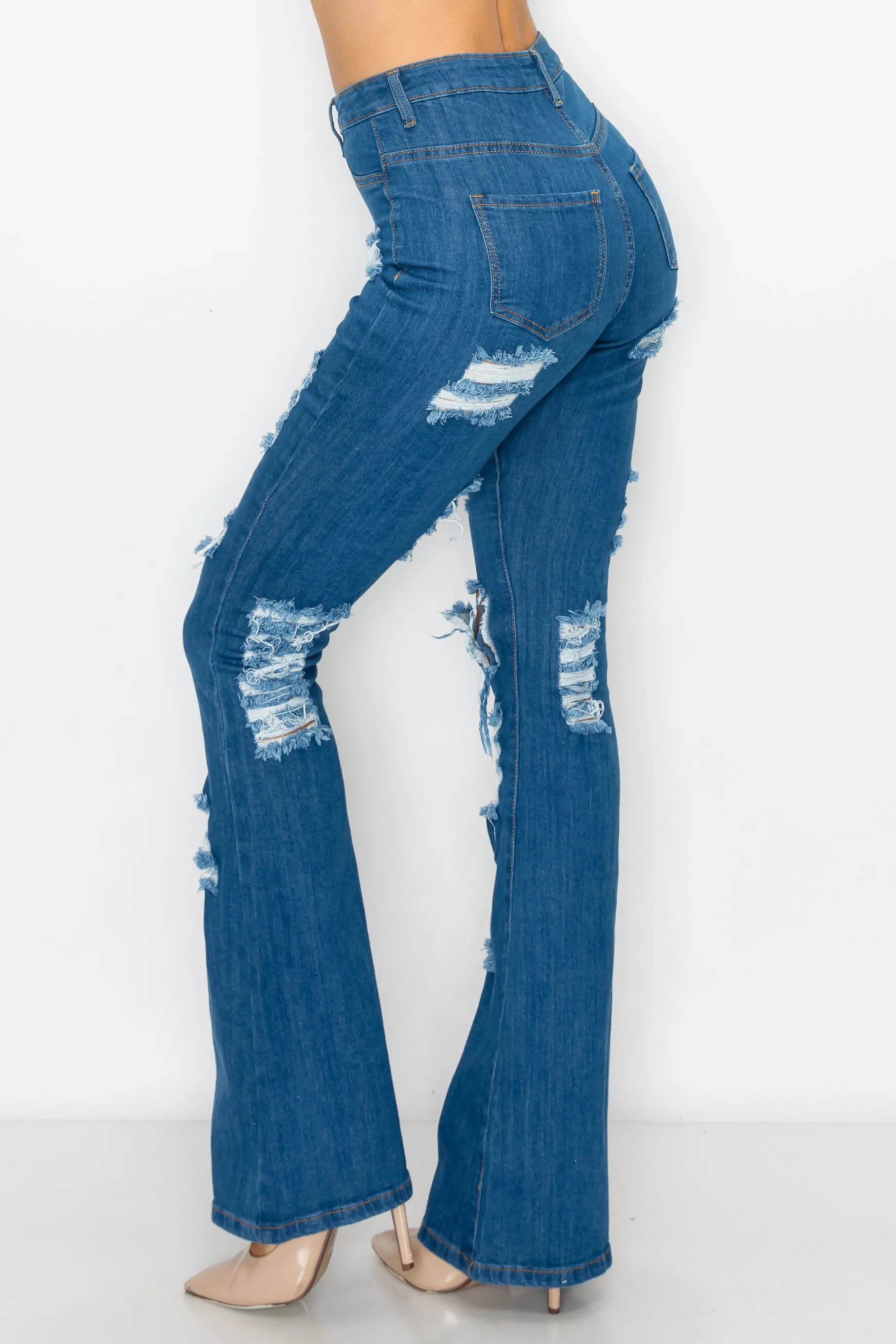 40227 Women's High Rise Ripped Flare Jean Denim Pants