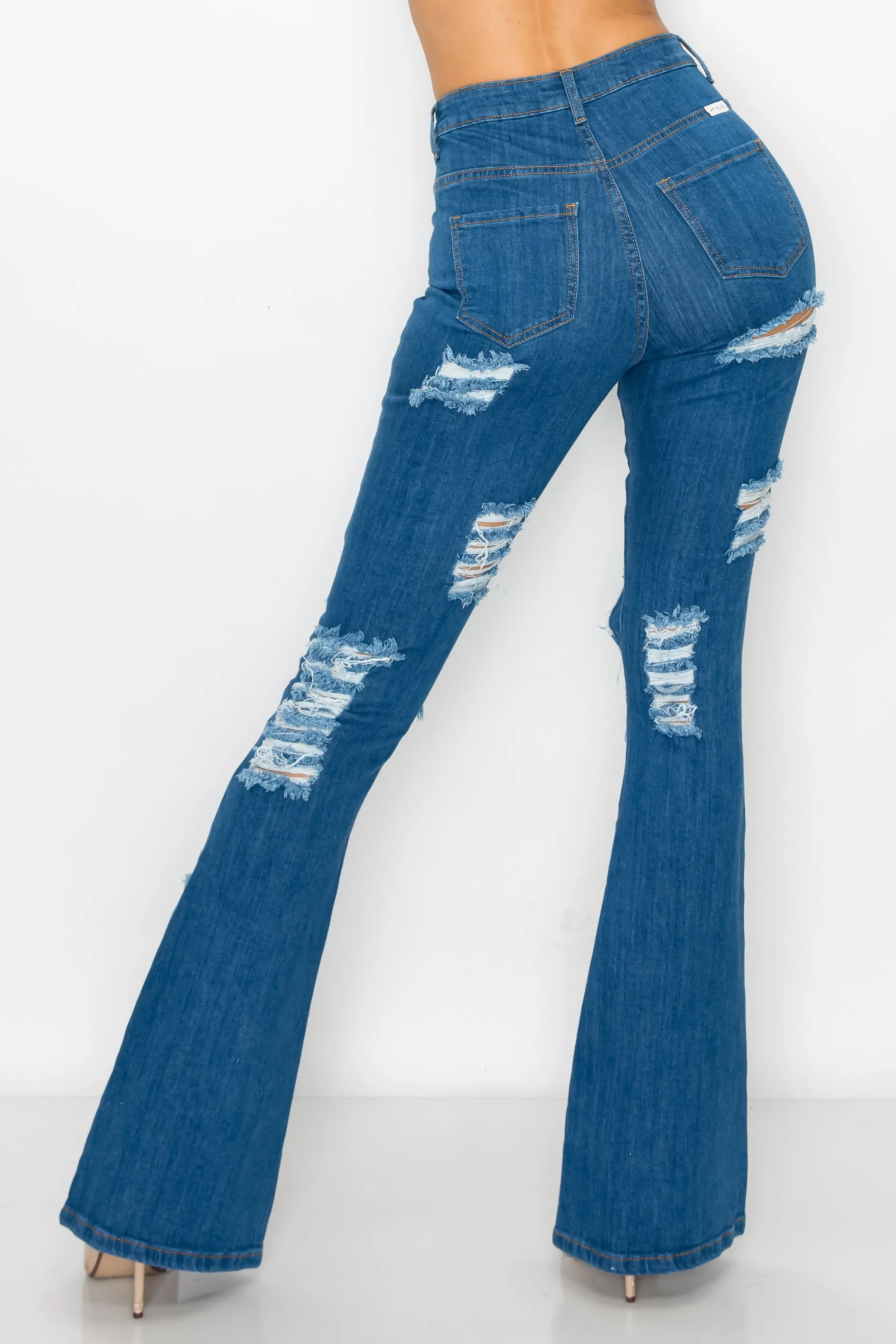 40227 Women's High Rise Ripped Flare Jean Denim Pants