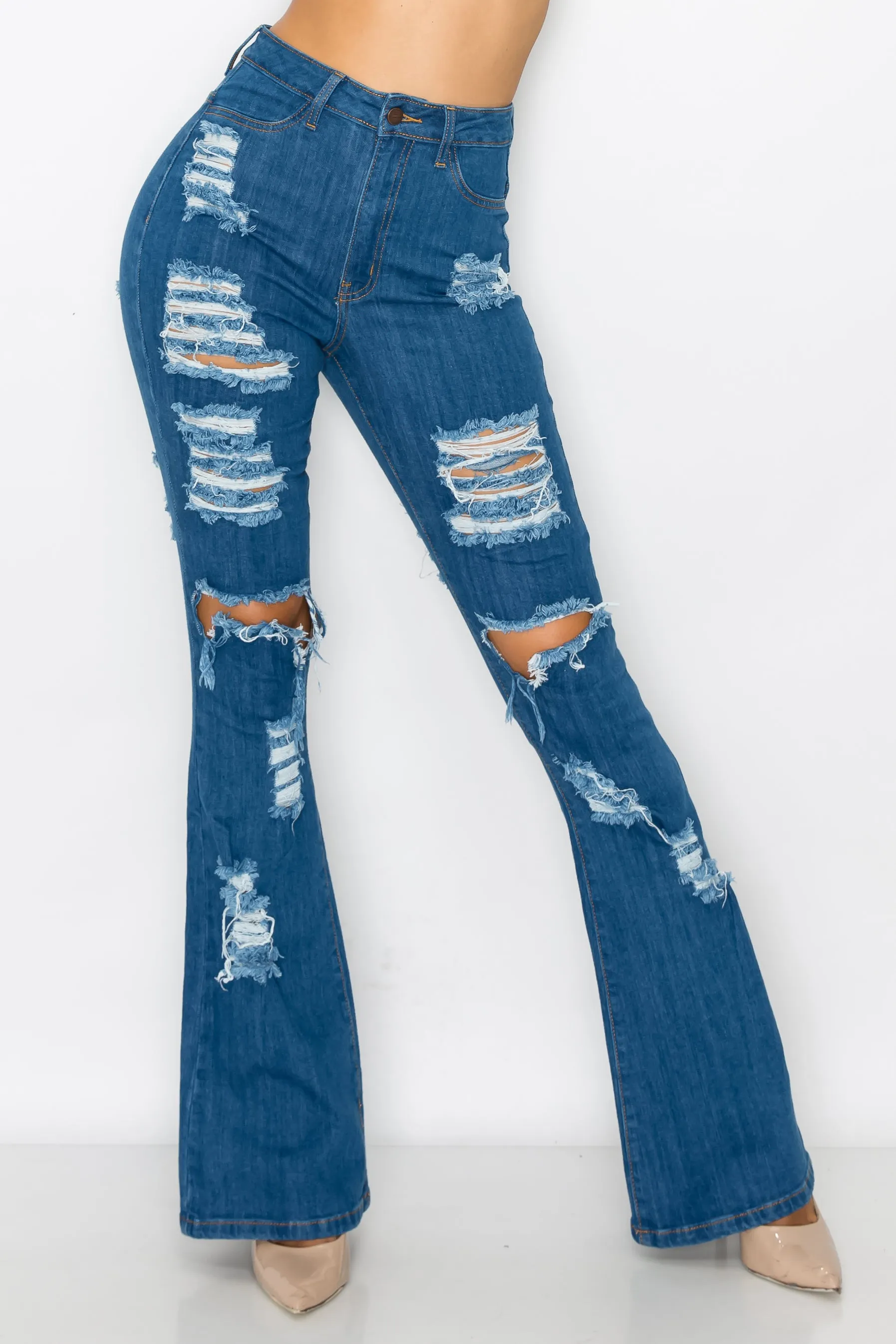 40227 Women's High Rise Ripped Flare Jean Denim Pants