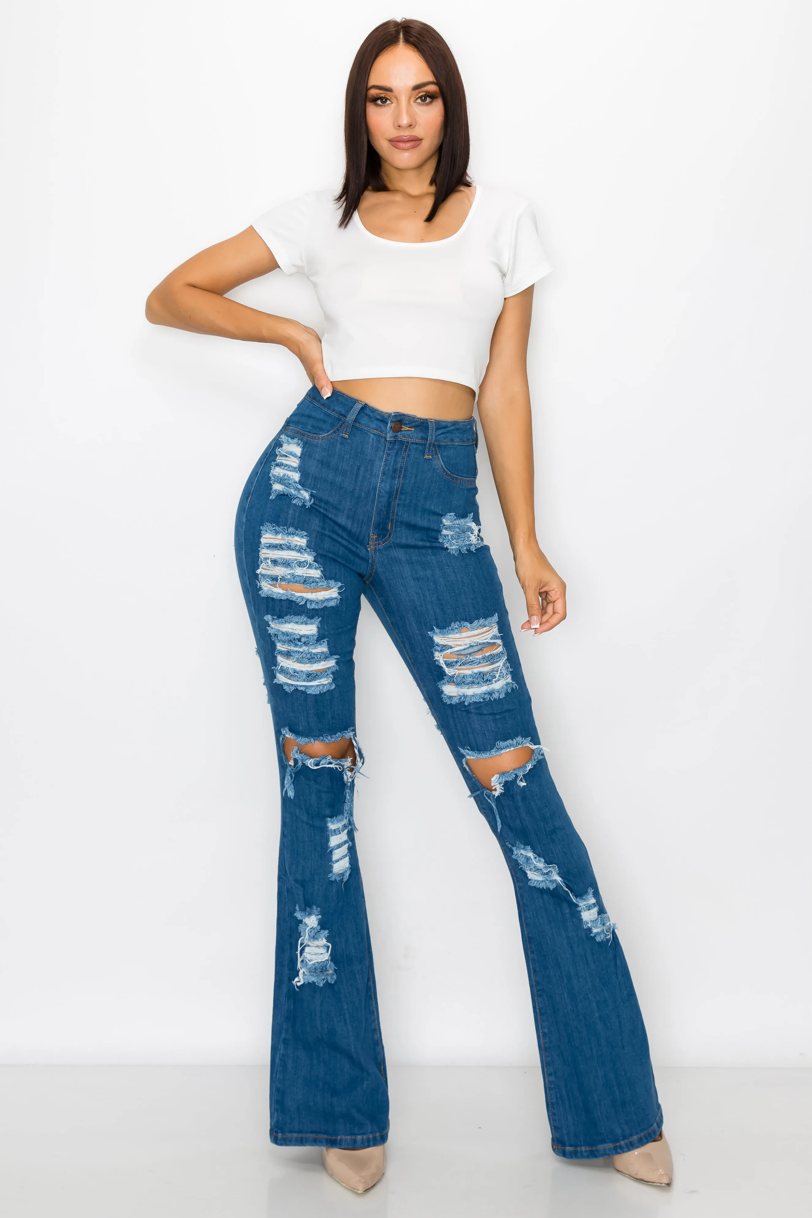 40227 Women's High Rise Ripped Flare Jean Denim Pants
