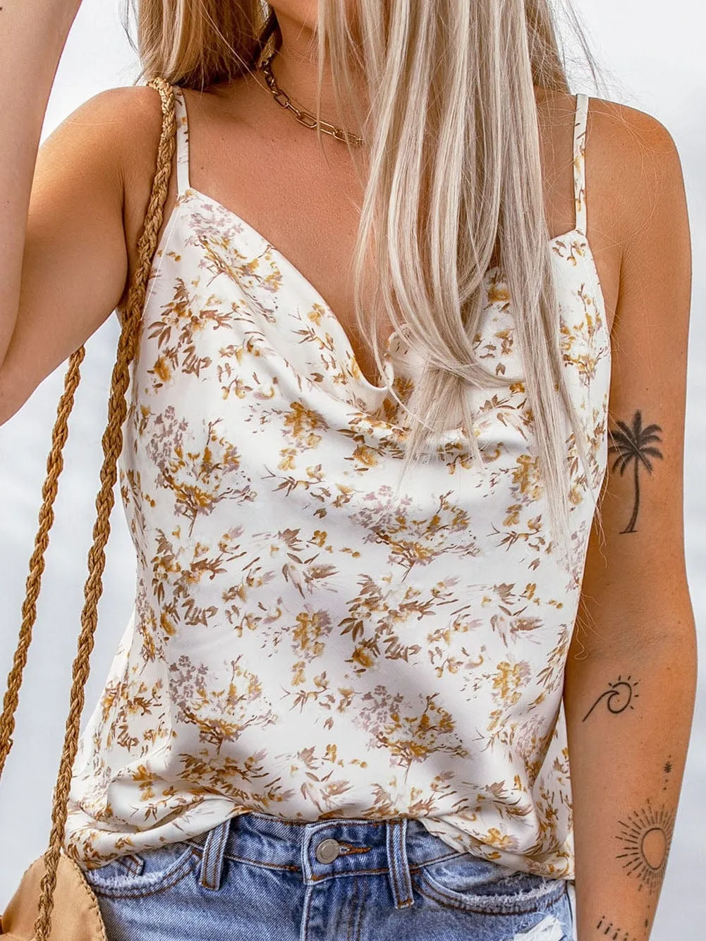 Beige Cowl Neck Floral Tank Top
