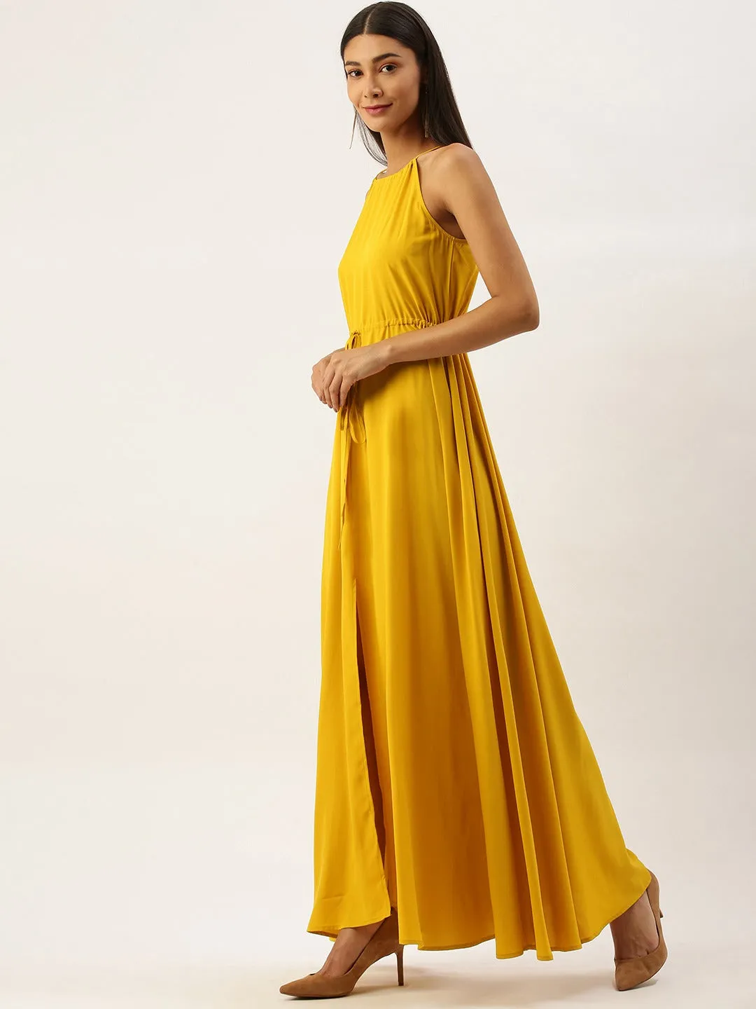 Berrylush Women Solid Yellow Halter Neck Maxi Dress