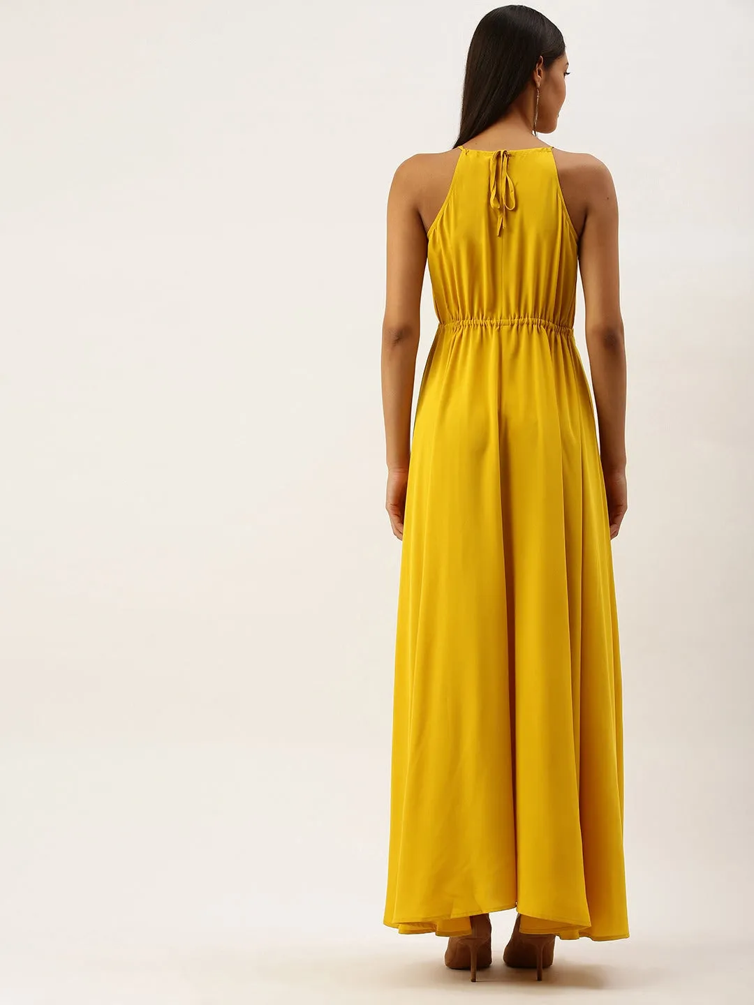 Berrylush Women Solid Yellow Halter Neck Maxi Dress