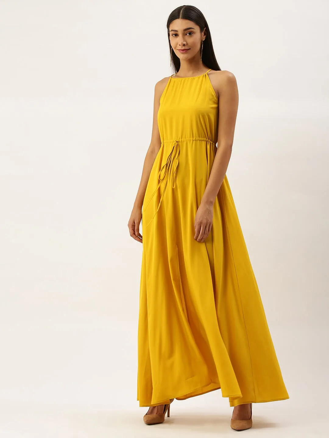 Berrylush Women Solid Yellow Halter Neck Maxi Dress