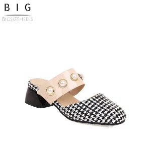 Bigsizeheels Houndstooth Pearl Round Toe  Flats Sandals - Lattice