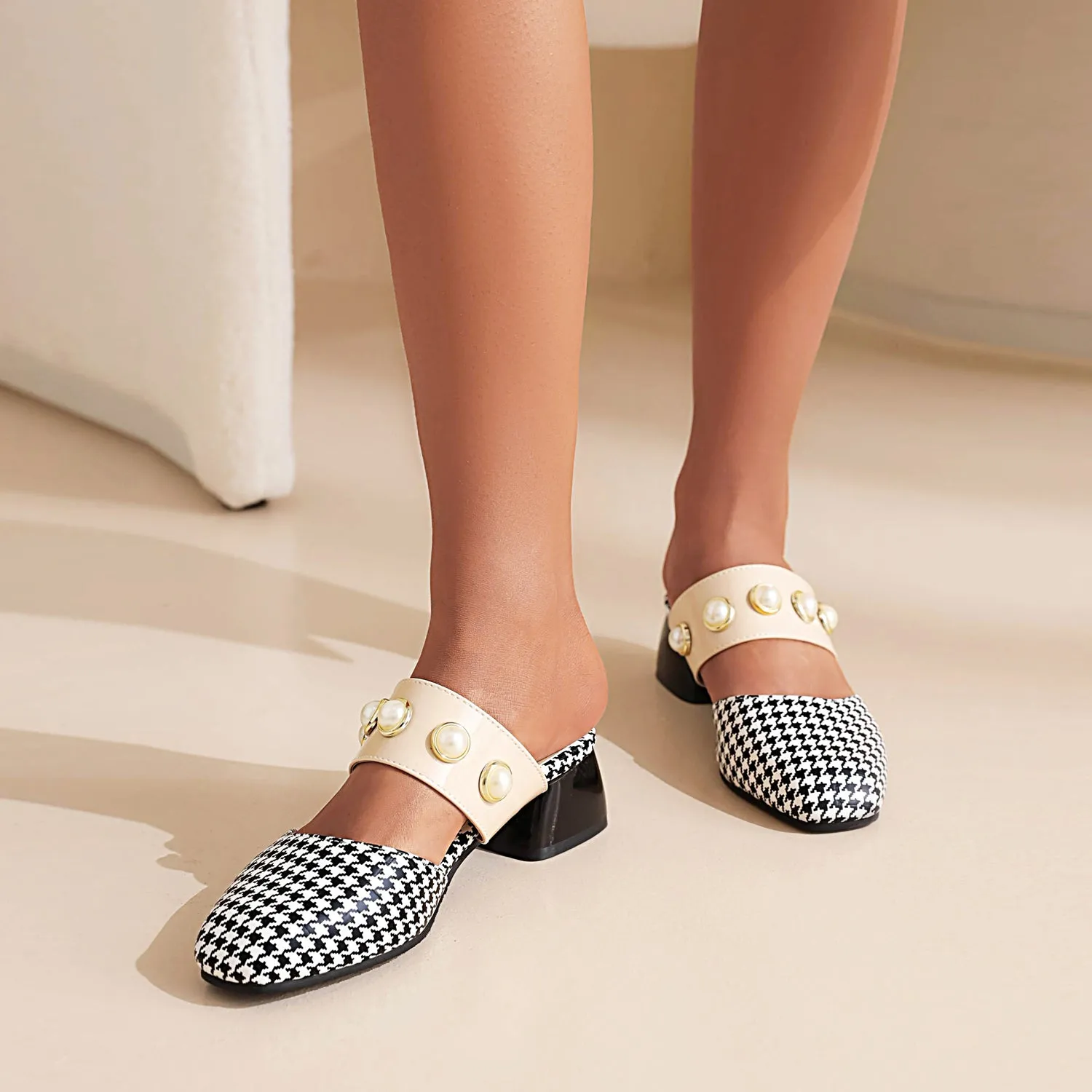Bigsizeheels Houndstooth Pearl Round Toe  Flats Sandals - Lattice