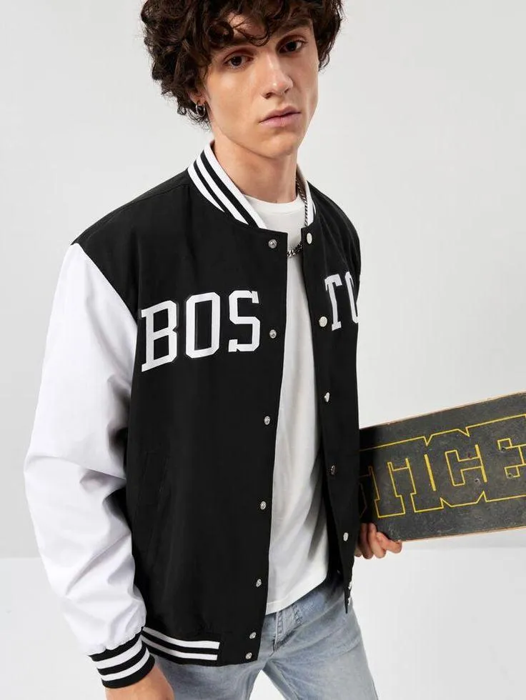 Black & White Boston Printer Baseball Jacket | Trendy & Comfortable Sportswear