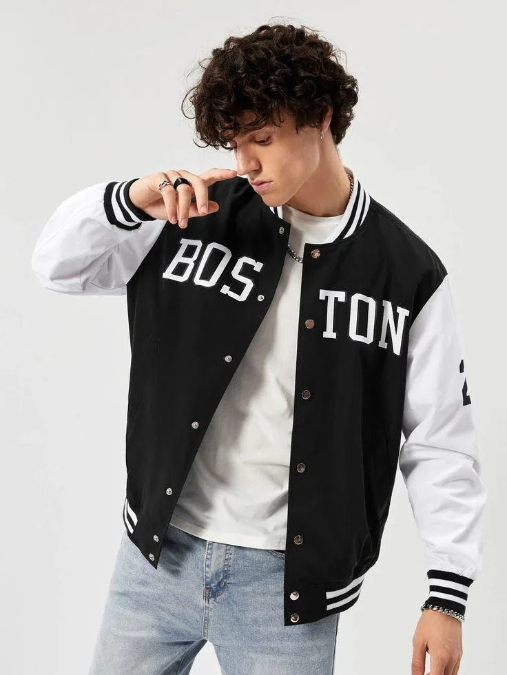 Black & White Boston Printer Baseball Jacket | Trendy & Comfortable Sportswear