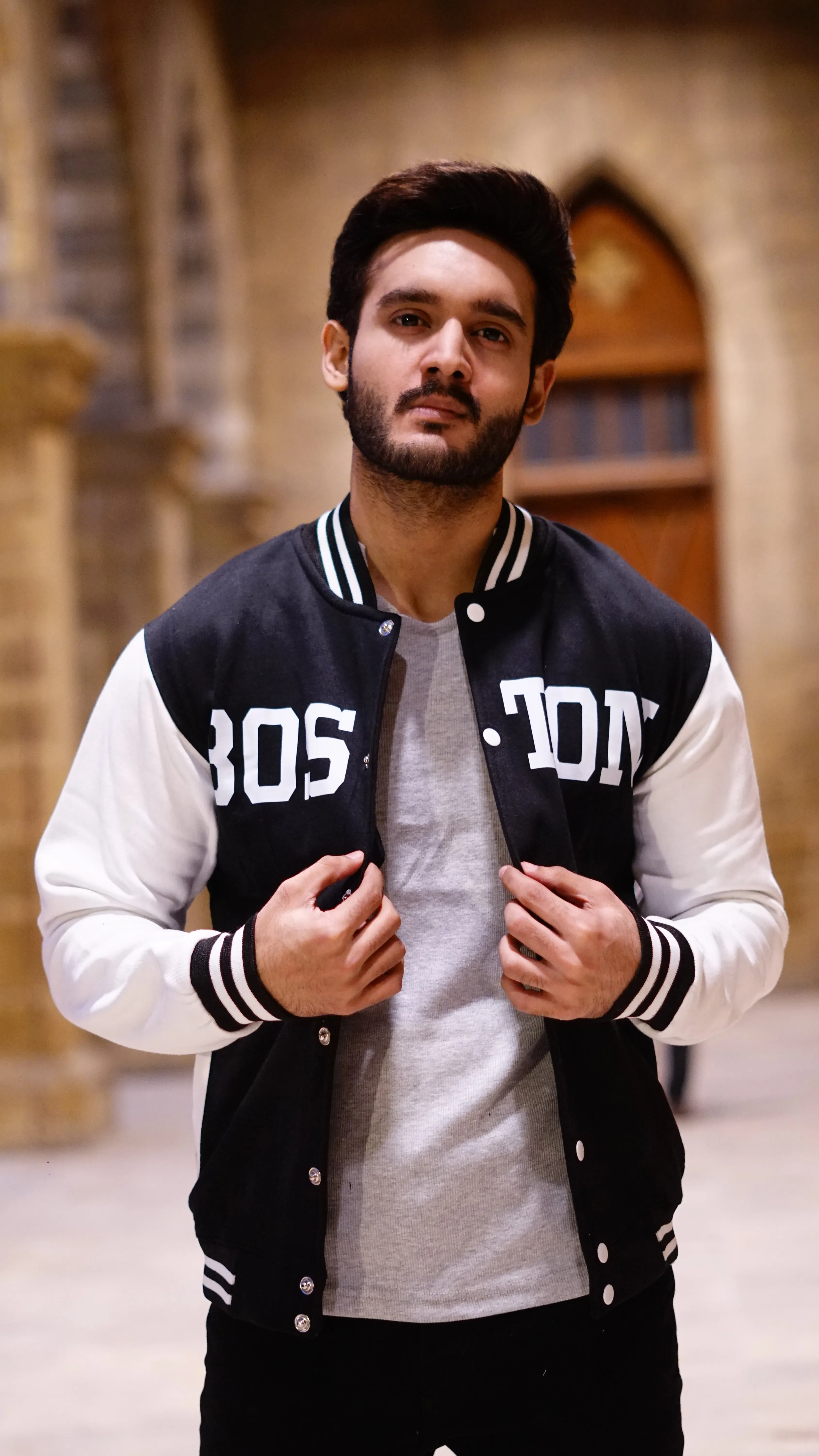 Black & White Boston Printer Baseball Jacket | Trendy & Comfortable Sportswear