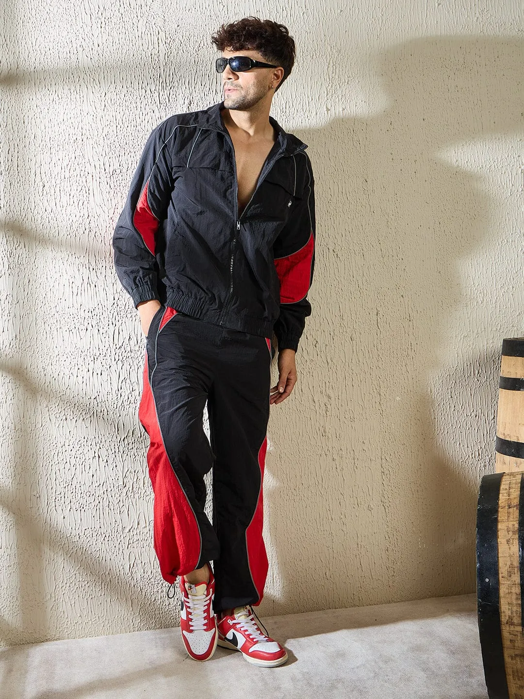Black and Red Crinkle Windbreaker Jacket