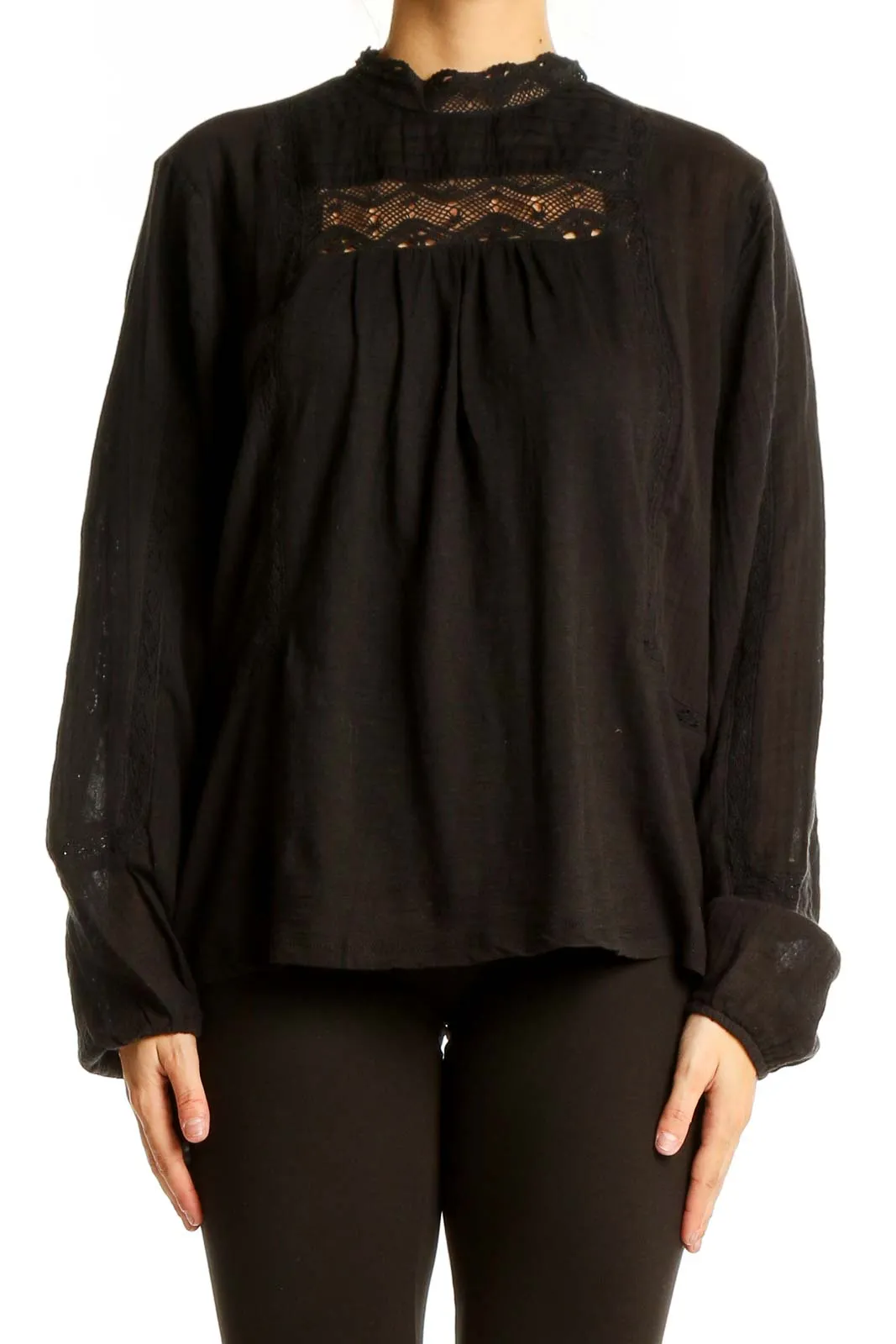 Black Cotton Lace-Trim Blouse
