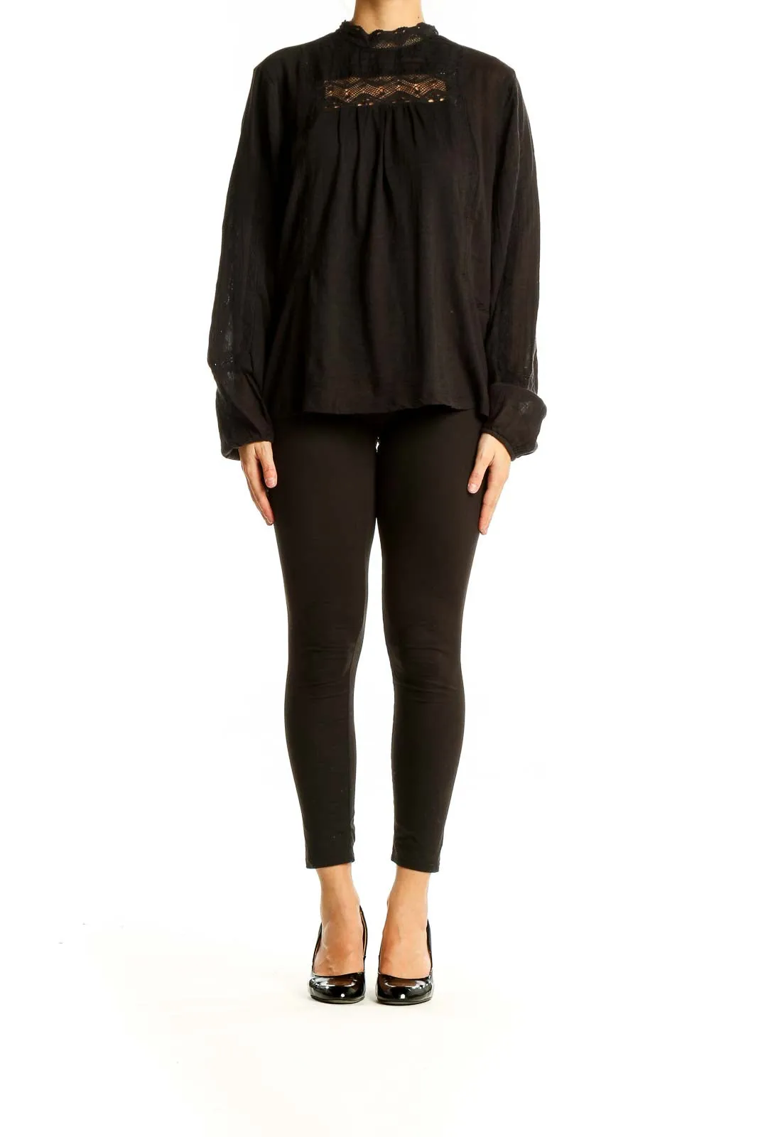 Black Cotton Lace-Trim Blouse