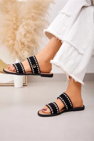 BLACK DOUBLE STRAP FLAT SLIP ON SLIDE SANDALS