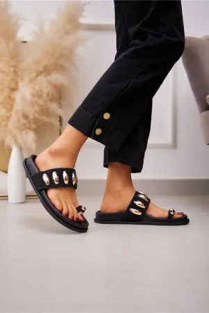 BLACK LOW PLATFORM SLIP ON FLAT GOLD METAL DECOR FOOTBED SANDALS SLIDES MULES