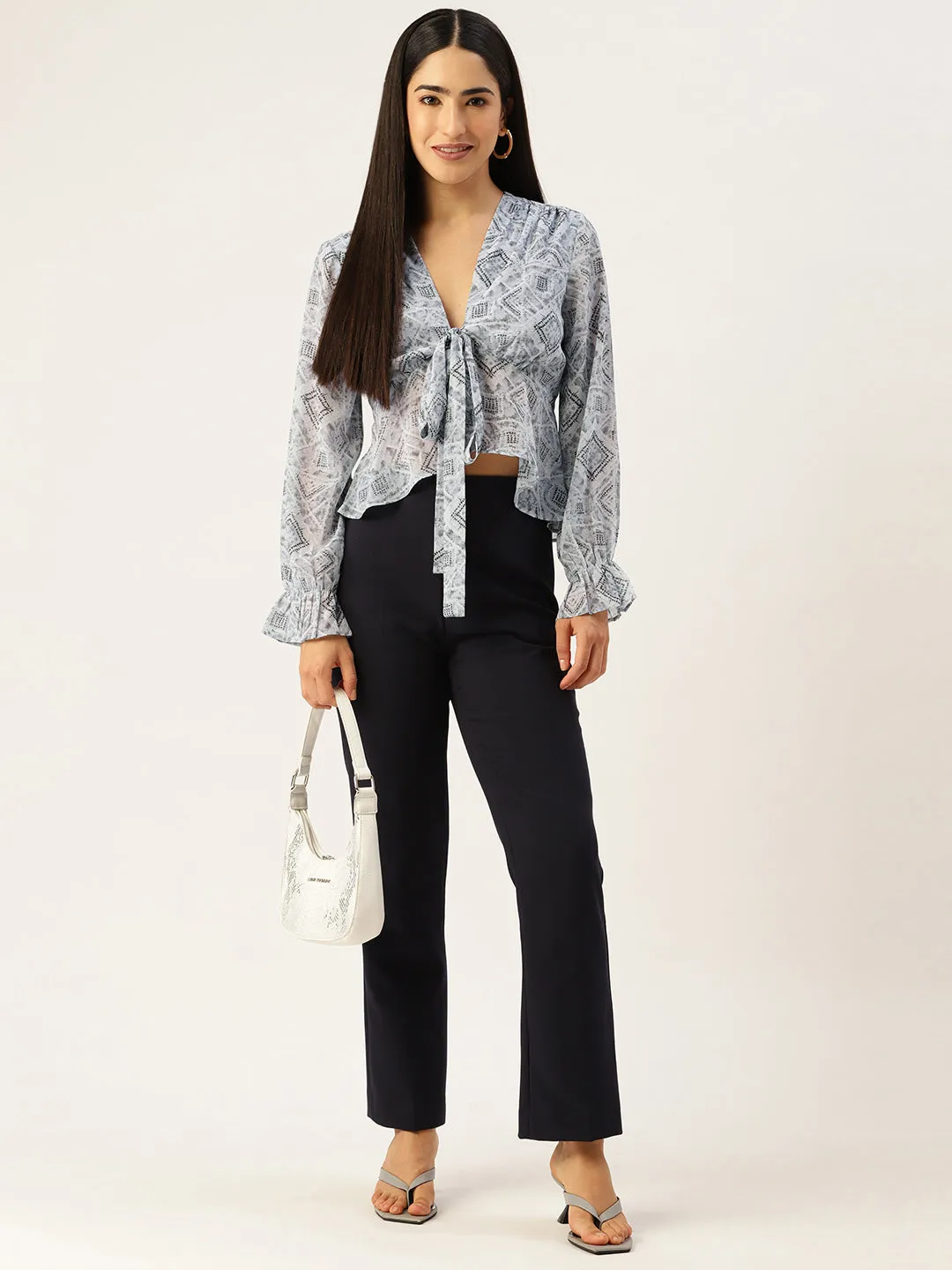 Blue Geometric Print Tie-Up Neck Georgette Top
