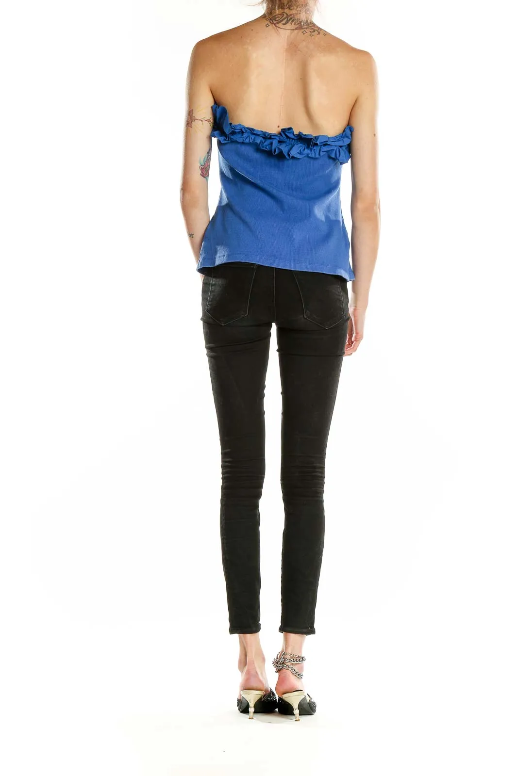 Blue Ruffled Strapless Cotton Top