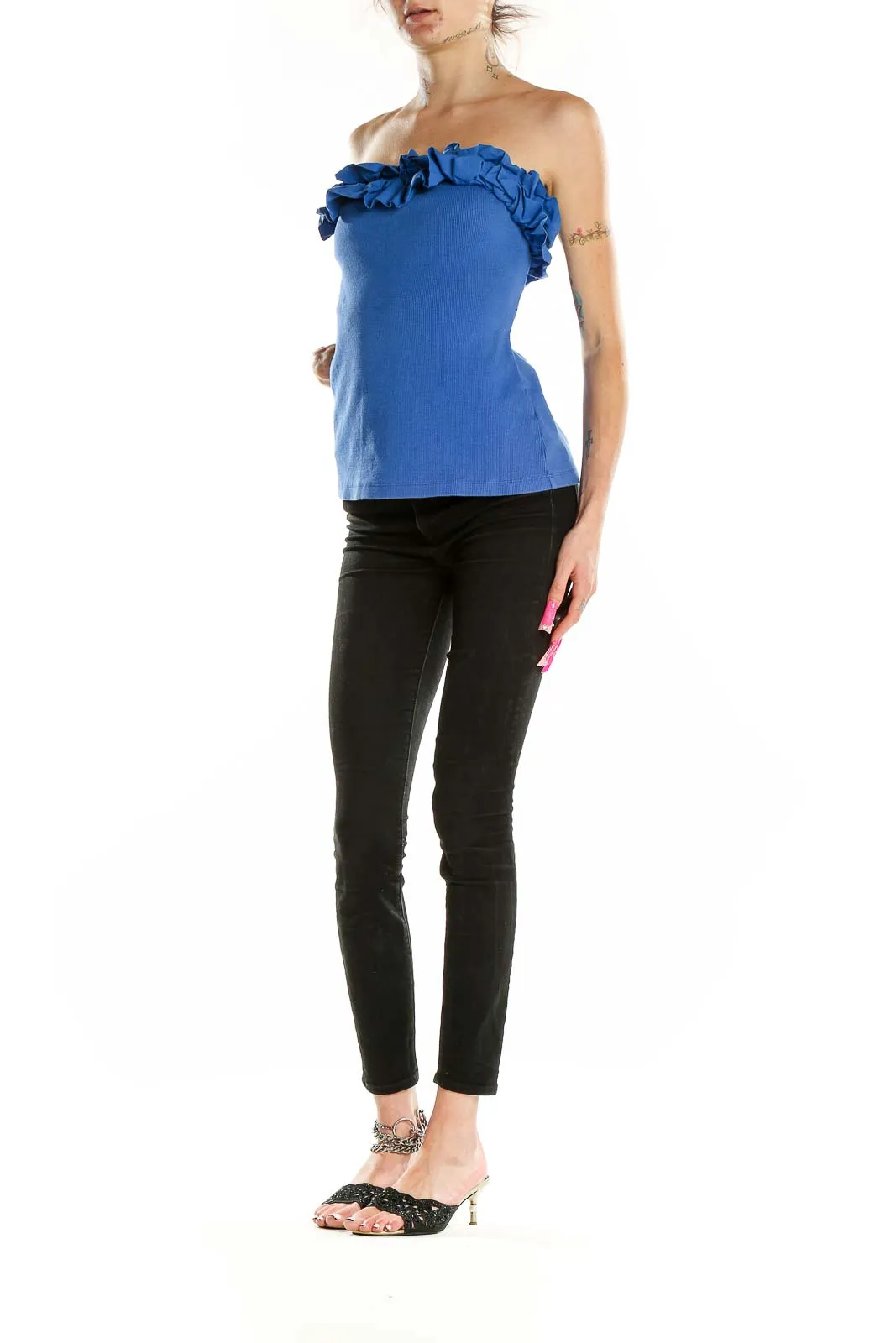 Blue Ruffled Strapless Cotton Top