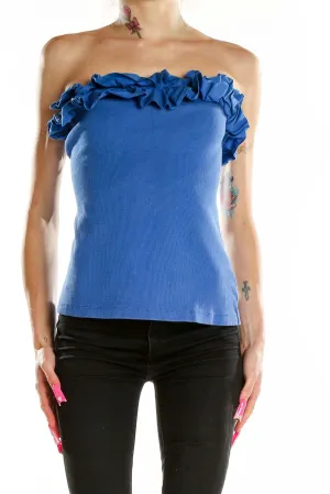 Blue Ruffled Strapless Cotton Top