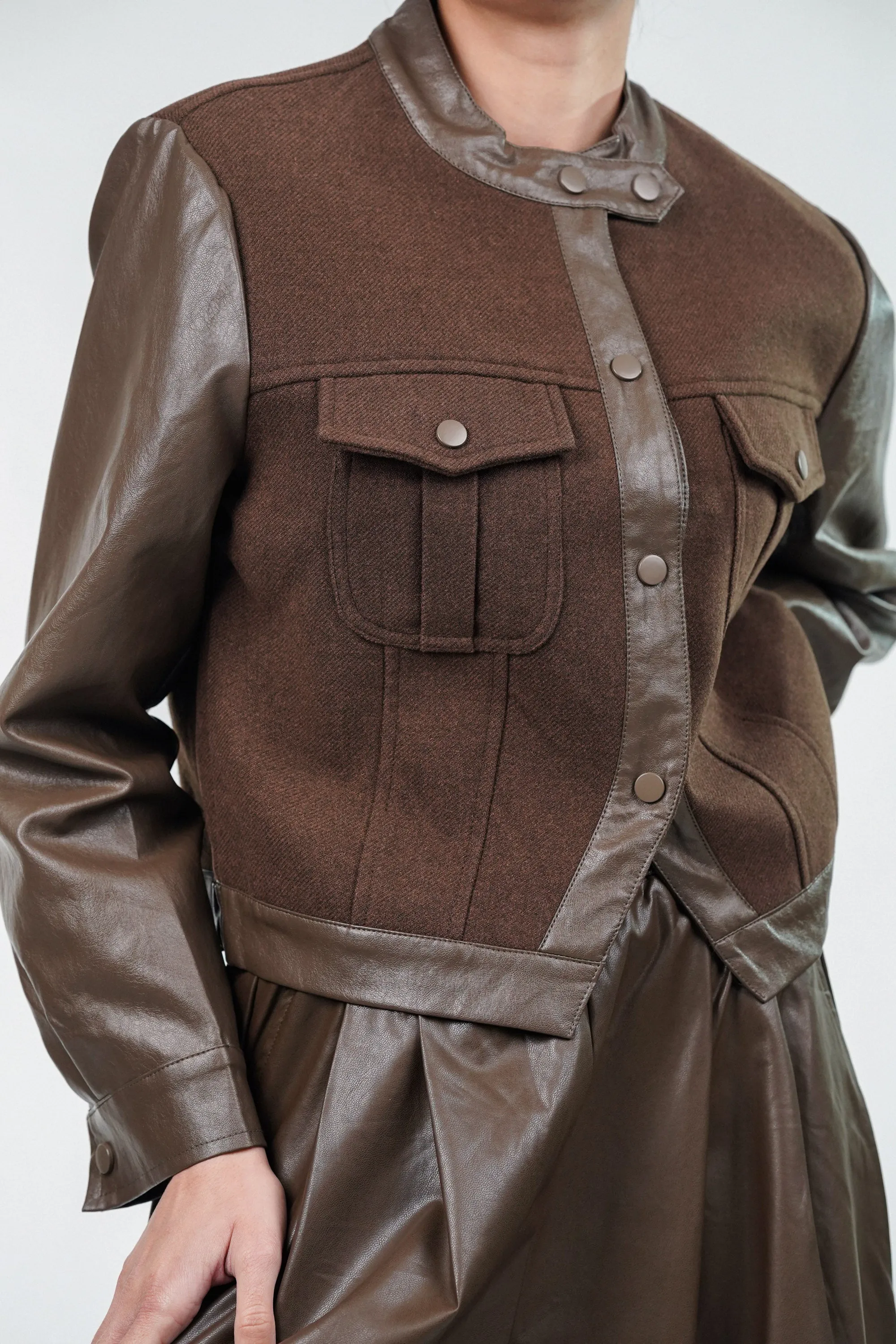 Brown Woolen Jacket With Leather Sleeves