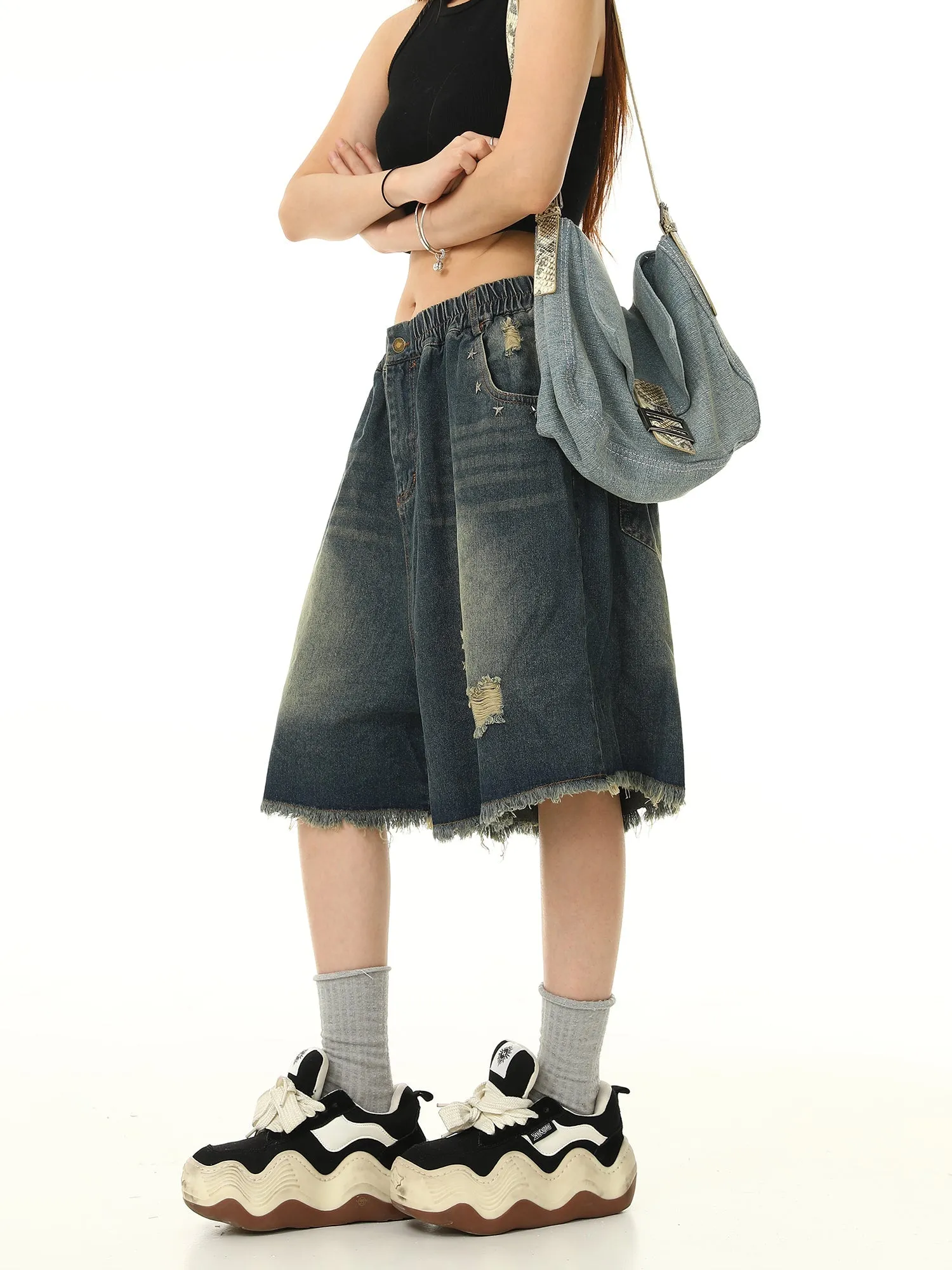 Distressed Denim Bermuda Shorts