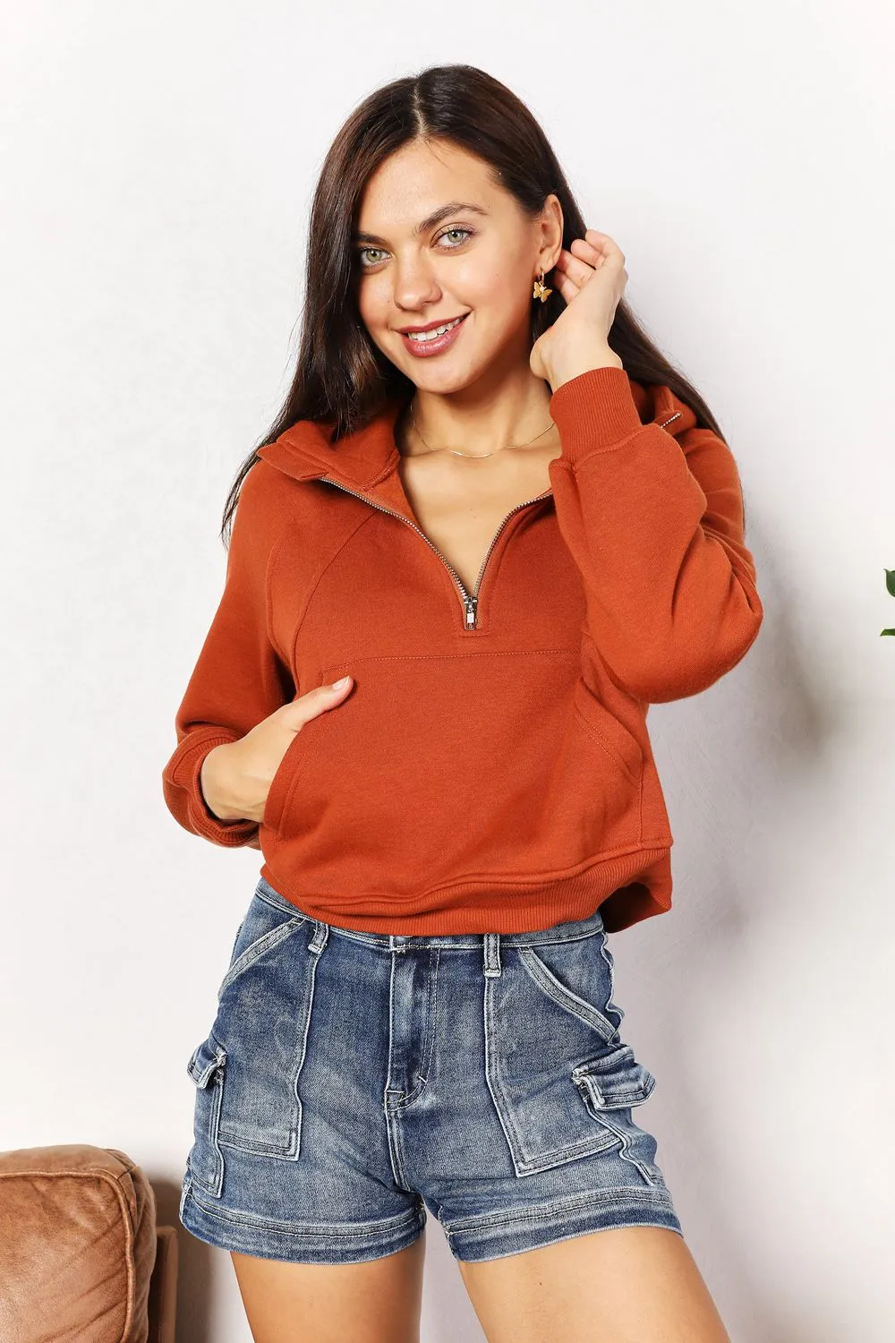 Double Take Half-Zip Long Sleeve Hoodie 2-6 business days