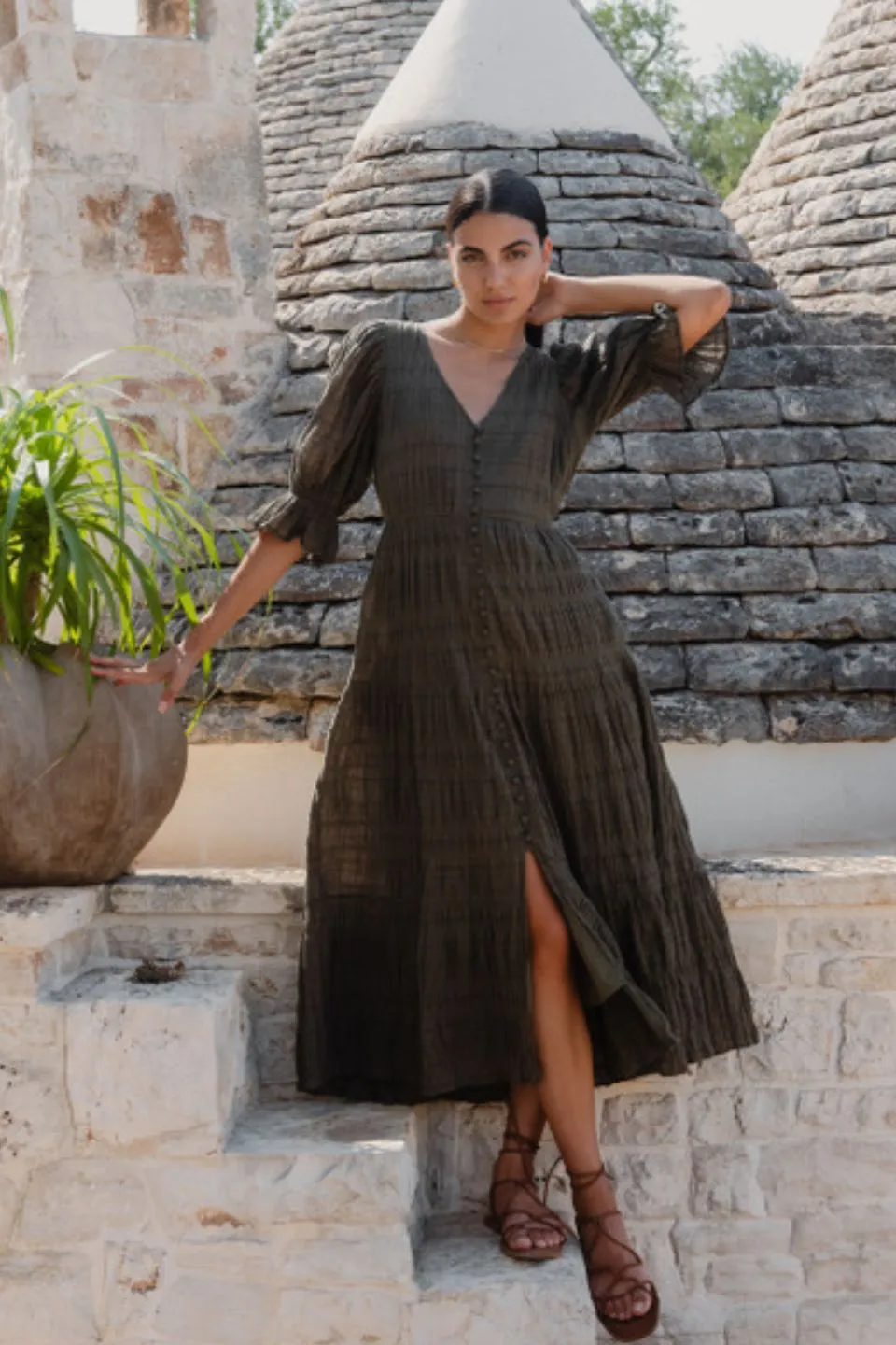 Dreamy Khaki Bubble SS Button Front Tiered Maxi Dress