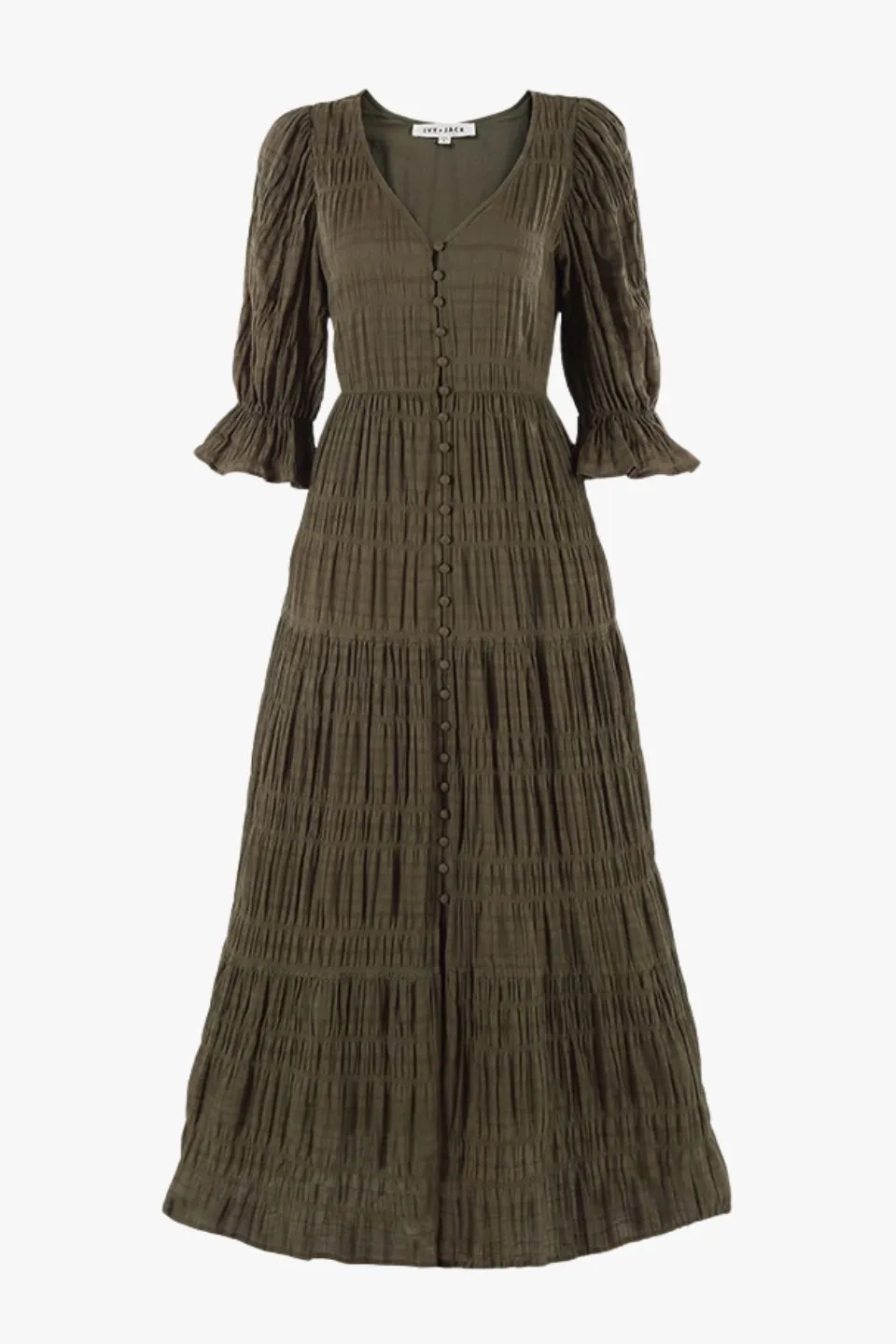 Dreamy Khaki Bubble SS Button Front Tiered Maxi Dress
