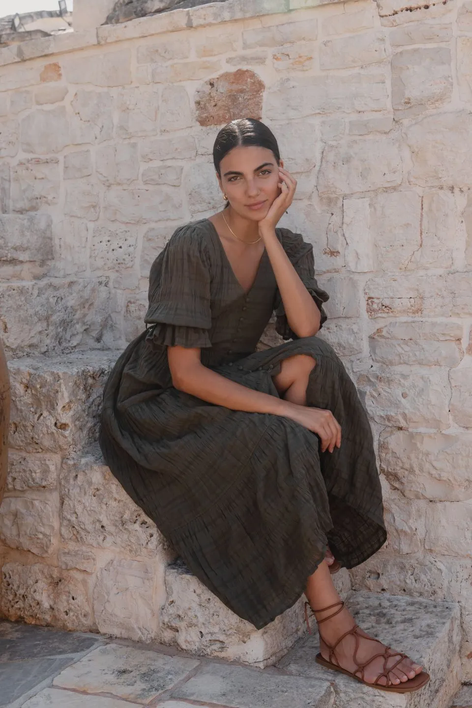 Dreamy Khaki Bubble SS Button Front Tiered Maxi Dress
