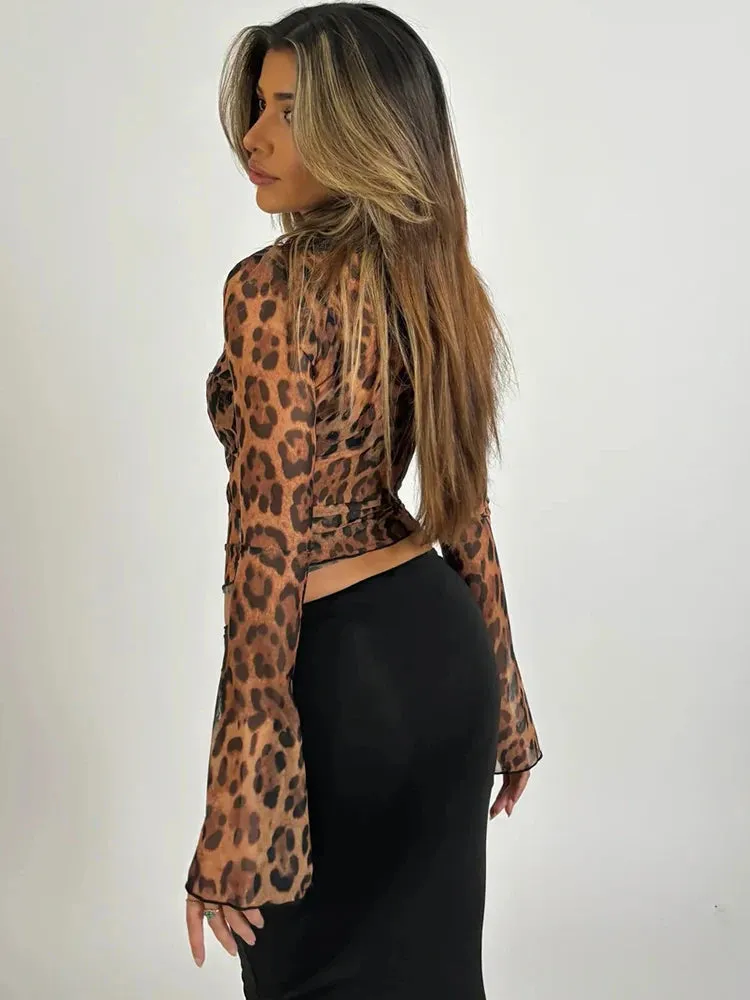 Fantoye Leopard Patchwork Sheer Lace T-shirt – Elegant Deep V-Neck Summer Top