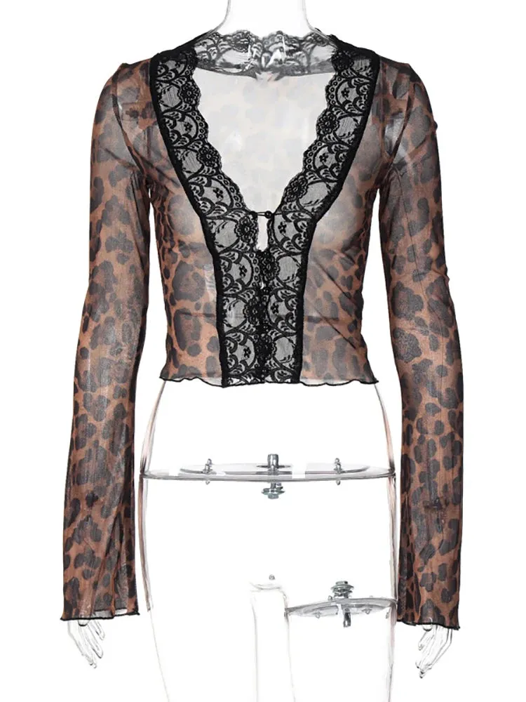Fantoye Leopard Patchwork Sheer Lace T-shirt – Elegant Deep V-Neck Summer Top