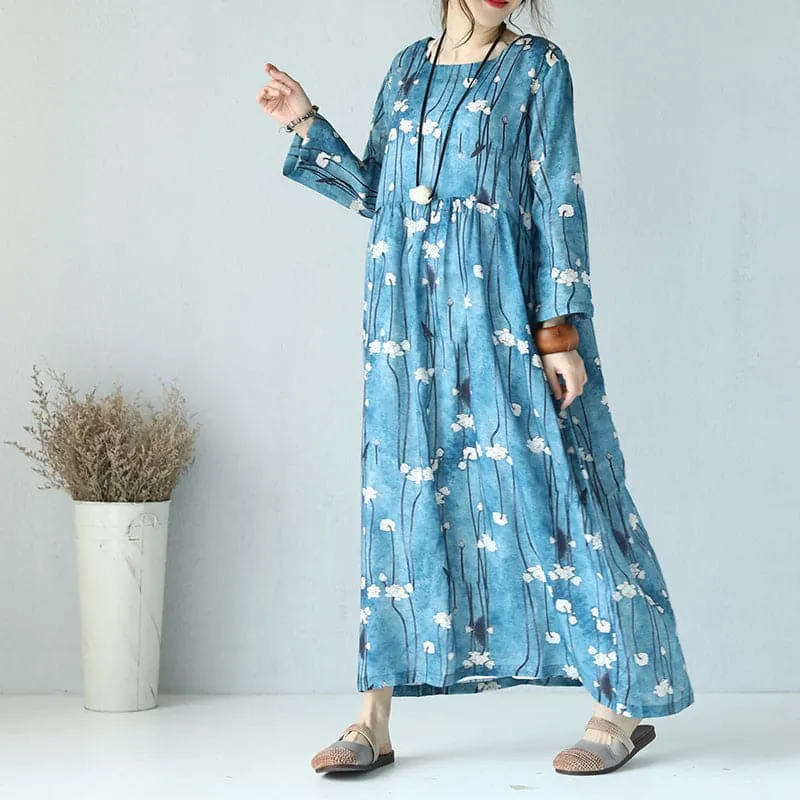 fine print linen dress Loose fitting O neck linen maxi dress boutique long sleeve maxi dresses