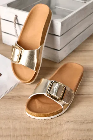 GOLD OVERSIZED BUCKLE SOFT FOOTBED SANDALS