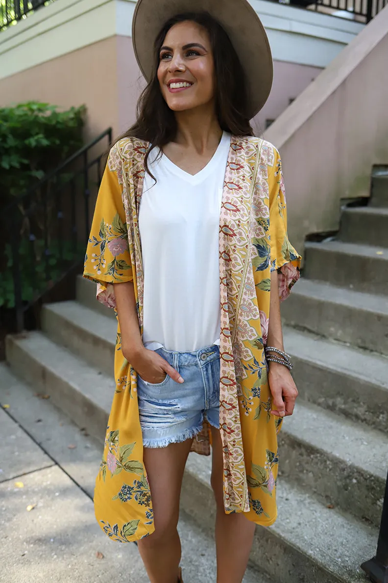 Golden Gypsy Mixed Floral Boho Kimono