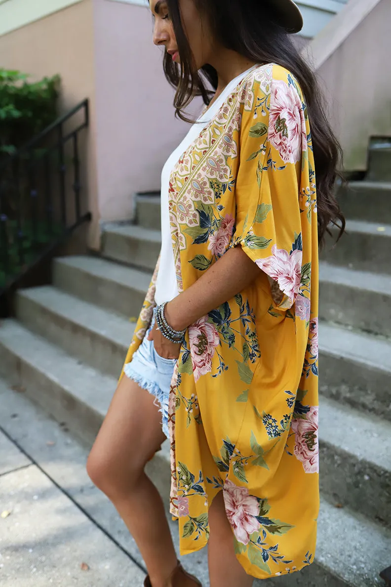 Golden Gypsy Mixed Floral Boho Kimono