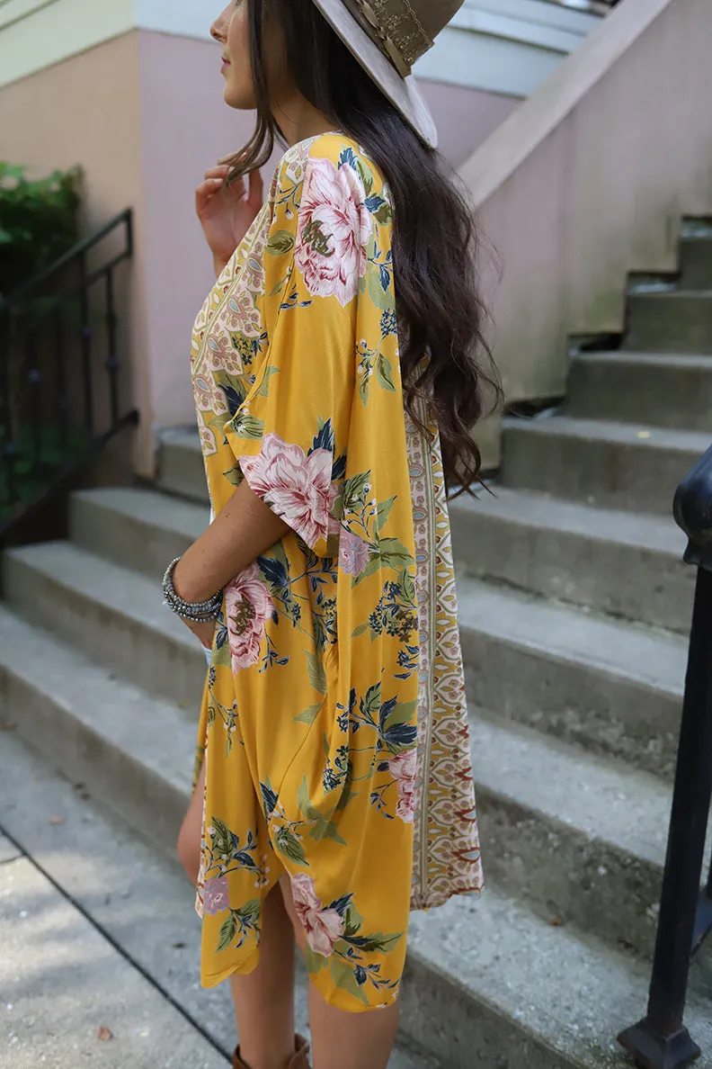 Golden Gypsy Mixed Floral Boho Kimono