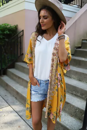 Golden Gypsy Mixed Floral Boho Kimono
