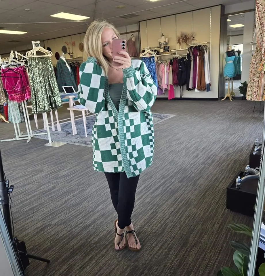 Green Oversized Checkered Cardigan
