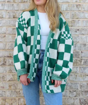 Green Oversized Checkered Cardigan