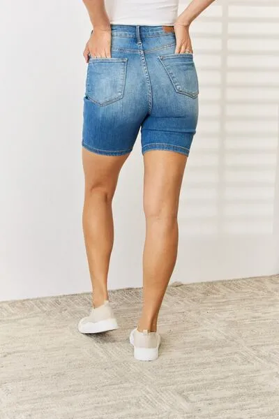Greta Full Size Tummy Control Double Button Bermuda Denim Shorts