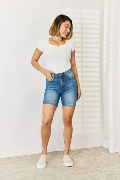 Greta Full Size Tummy Control Double Button Bermuda Denim Shorts