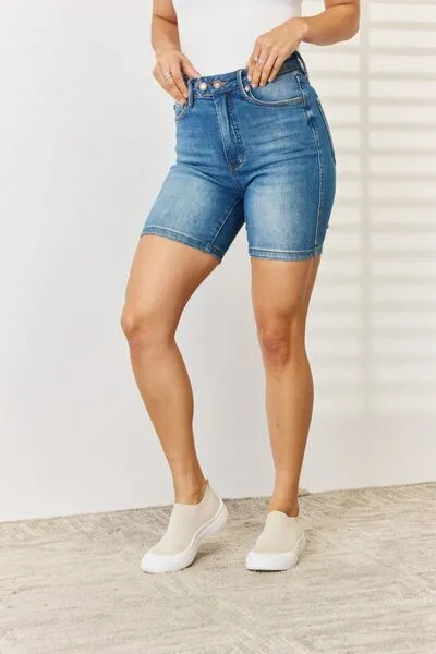 Greta Full Size Tummy Control Double Button Bermuda Denim Shorts