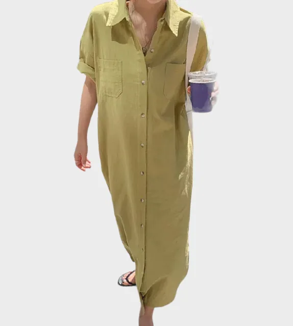 Hannah Button Down Polo Cotton Linen Dress