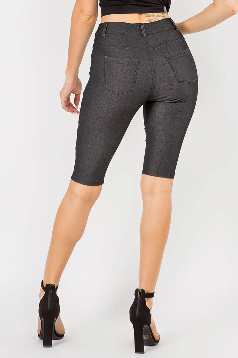 High Rise Denim Style Bermuda Shorts