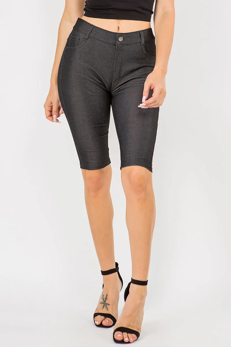 High Rise Denim Style Bermuda Shorts