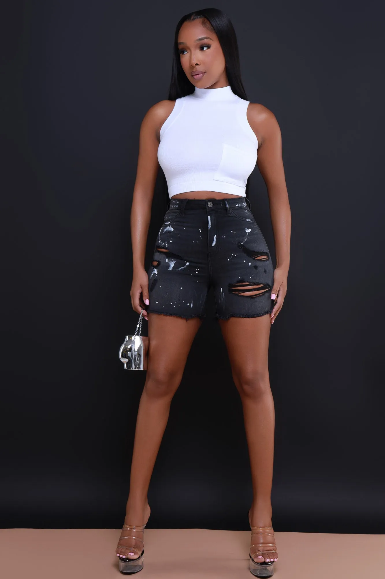If I Leave High Rise Distressed Denim Shorts - Black