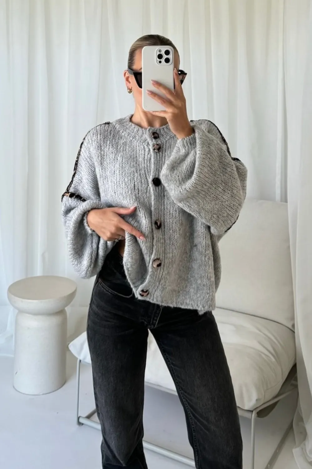 Katie grey leopard detailed cardigan