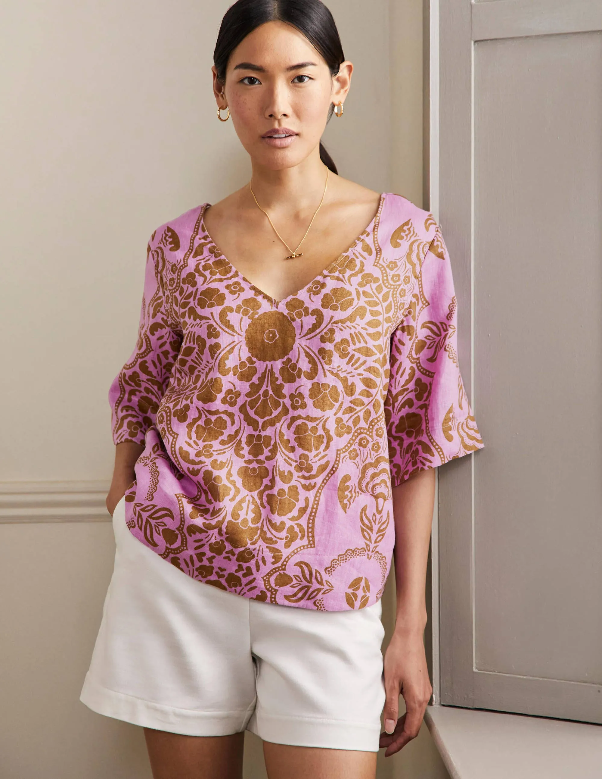 Linen Wide Sleeve Top-Orchid Petal, Passion Bloom